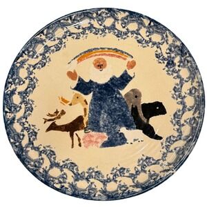Buttermilk Acres Stoneware Blue Noahs Ark Spongeware Pottery Plate 9.5" Rare